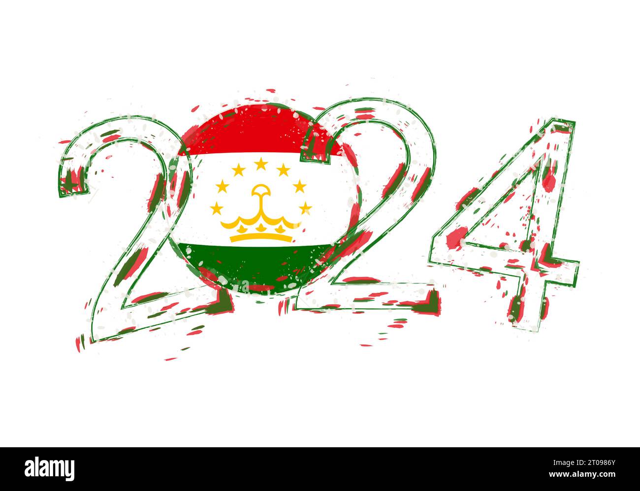 2024 anni in stile grunge con bandiera del Tagikistan. Illustrazione vettoriale grunge per le festività. Illustrazione Vettoriale