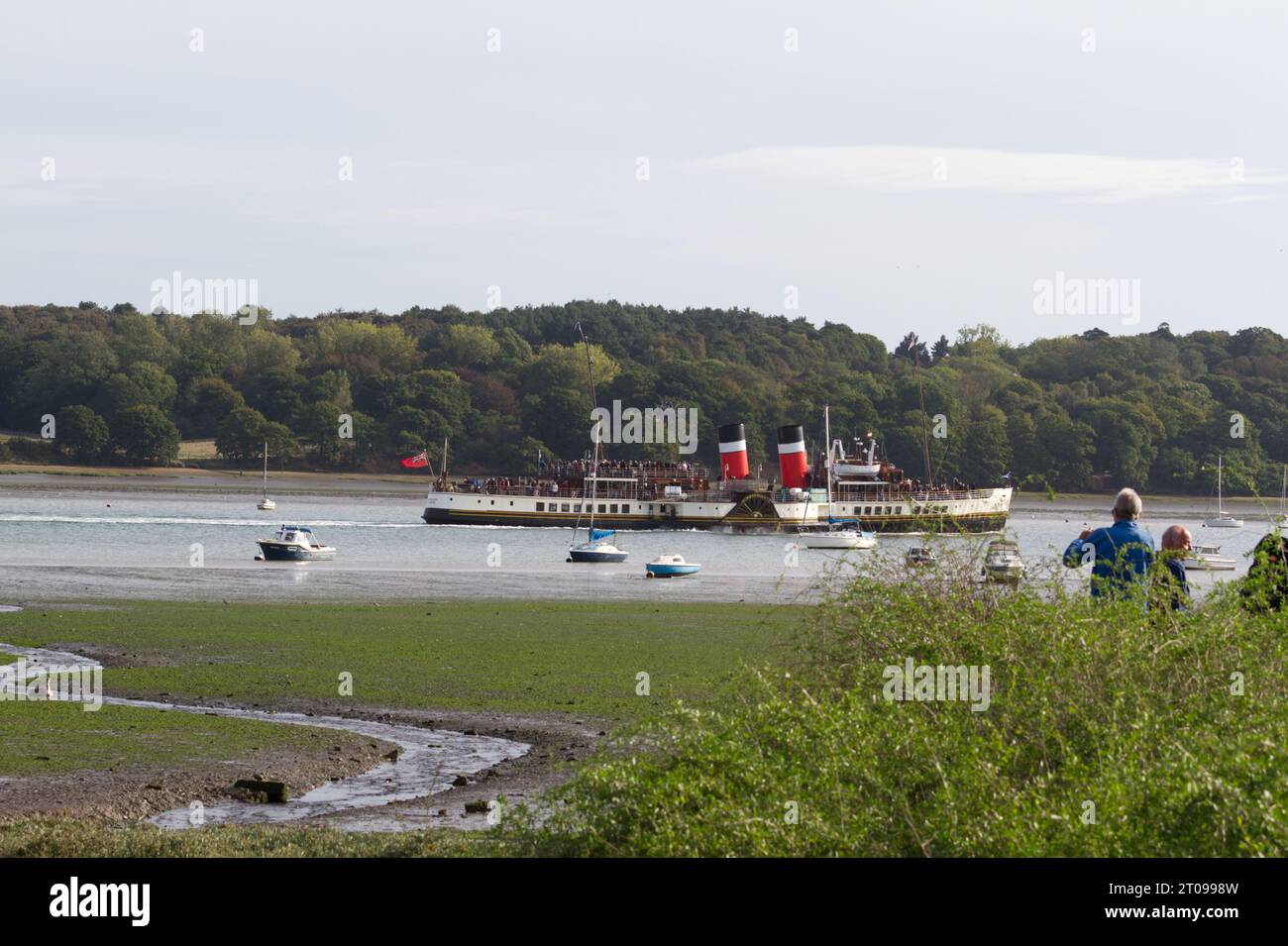 Ipswich, Regno Unito. 5 ottobre 2023. Piroscafo a pale Waverley sul fiume Orwell vicino a Ipswich in rotta per Clacton questa mattina. Questo fa parte delle escursioni a Londra e nell'estuario del Tamigi di Waverley per questo autunno. Waverley e' l'ultimo piroscafo a pale che trasporta passeggeri al mondo. Credito: Eastern Views/Alamy Live News Foto Stock