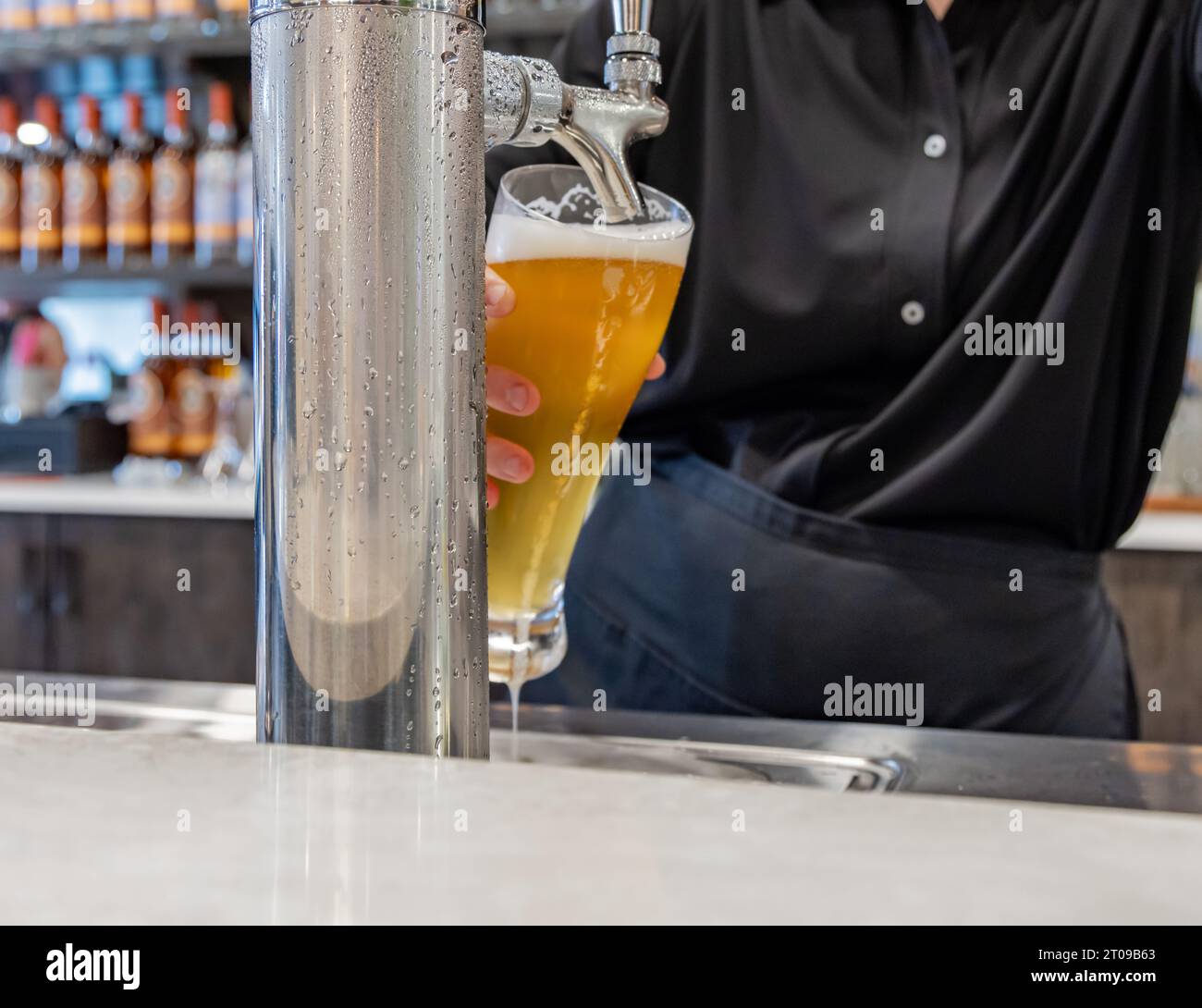 dettaglio di un barista che versa una birra fredda Foto Stock