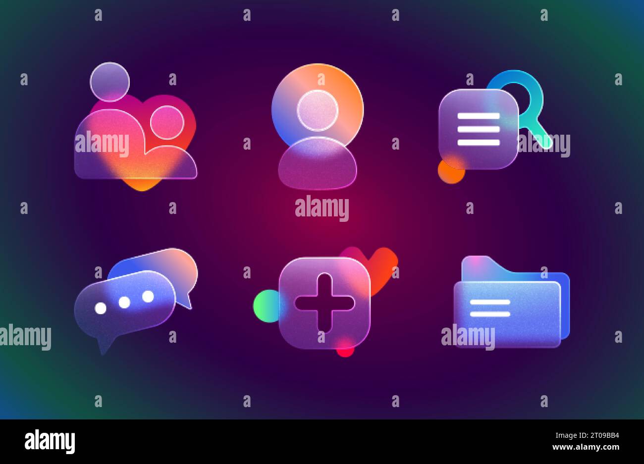 Set realistico di icone dell'interfaccia utente del glassmorfismo per siti Web o app mobili. Illustrazione vettoriale di contatti, cartelle, ricerca, chat, elementi di design con effetto morfismo a vetro, pulsanti con sfumatura di sfocatura. Illustrazione Vettoriale