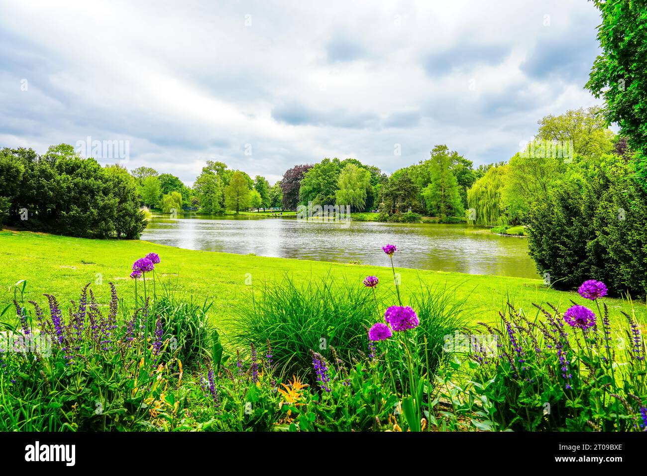 Vista del Maschteich con la natura circostante allo Stadtpark di Hannover. Foto Stock