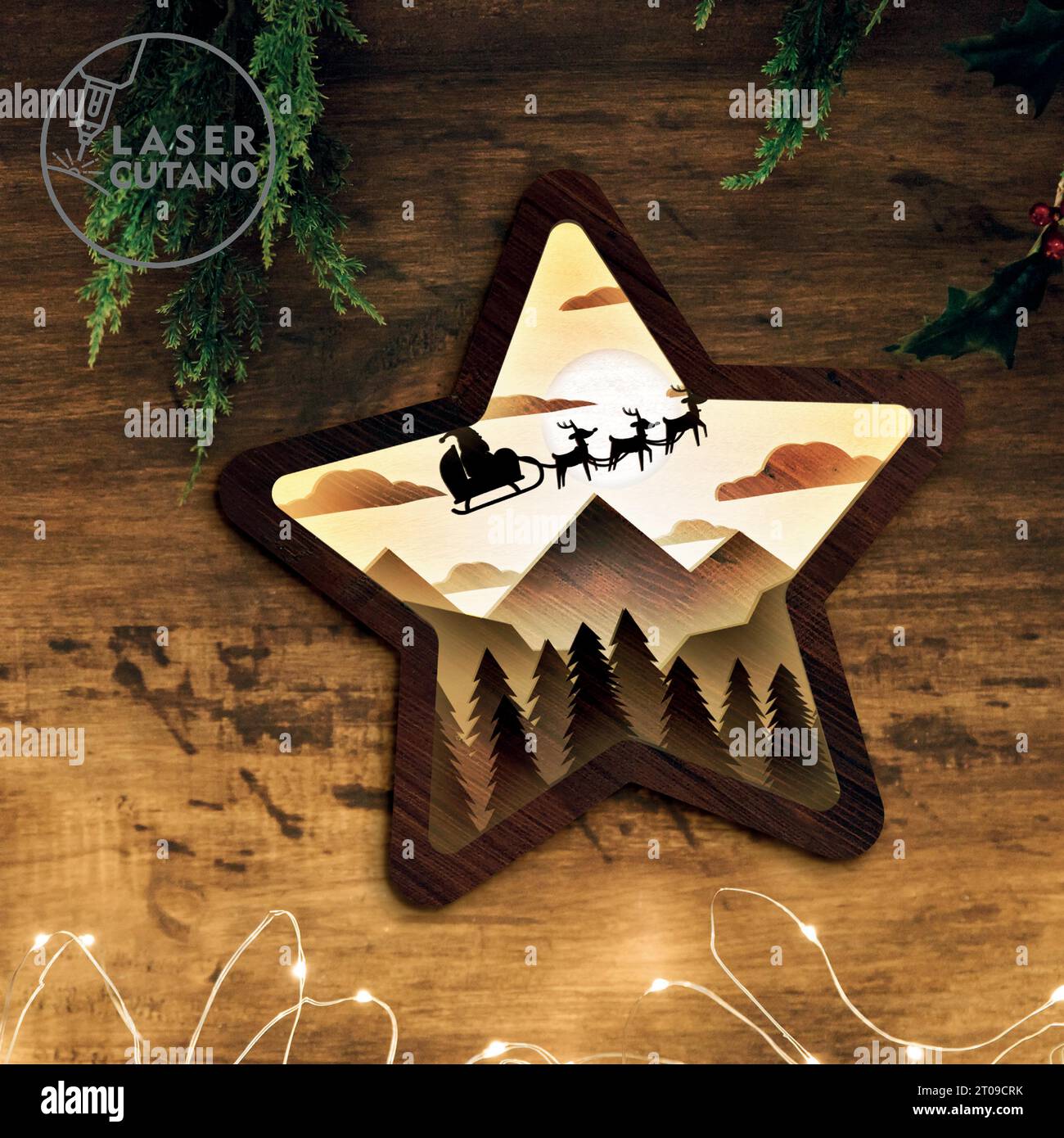Ti presentiamo il nostro splendido modello a strati con taglio laser Christmas Star, un accattivante prodotto in legno stratificato che aggiunge un tocco di bellezza naturale. Illustrazione Vettoriale