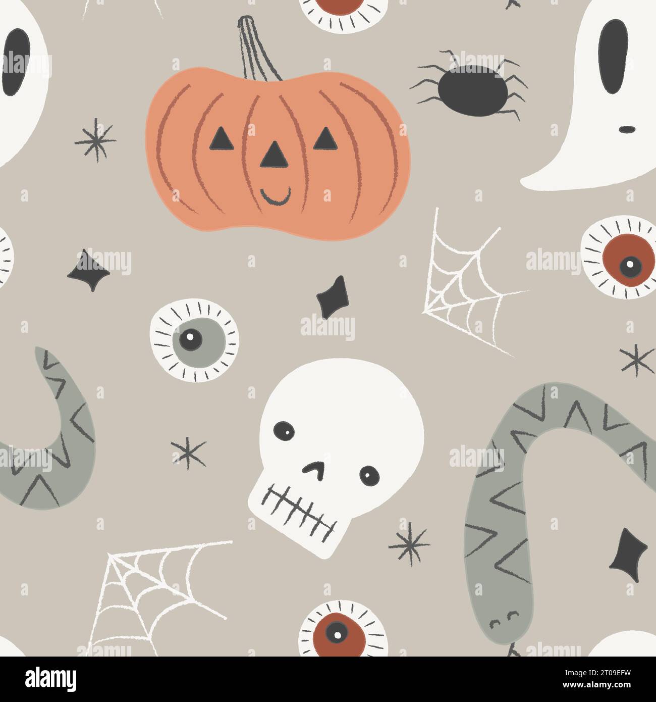 Simpatico motivo di halloween disegnato a mano senza cuciture con zucca, teschio, fantasma, ragno, serpente, occhi. Illustrazione di cartoni animati per bambini. Design estetico spettrale Illustrazione Vettoriale