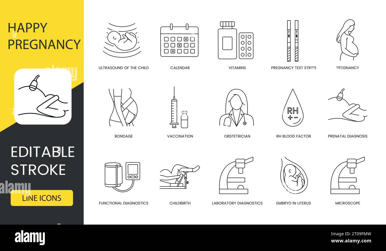 Migliora i contenuti medici e di gravidanza con le nostre icone: Diagnostica, ultrasuoni, vitamine e altro ancora. Tratto modificabile per una maggiore flessibilità. Illustrazione Vettoriale