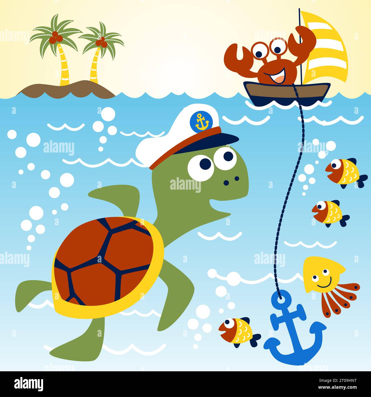 Cartoni animati con animali marini, tartaruga con cappello da marinaio, divertente granchio sulla barca a vela, illustrazione di cartoni animati vettoriali Illustrazione Vettoriale