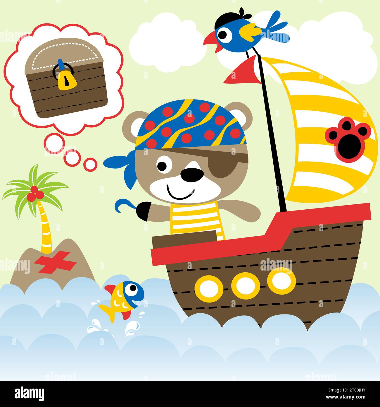 Simpatico orso con pappagallo in costume pirata su barca a vela, elemento pirata a vela, illustrazione di cartoni animati vettoriali Illustrazione Vettoriale