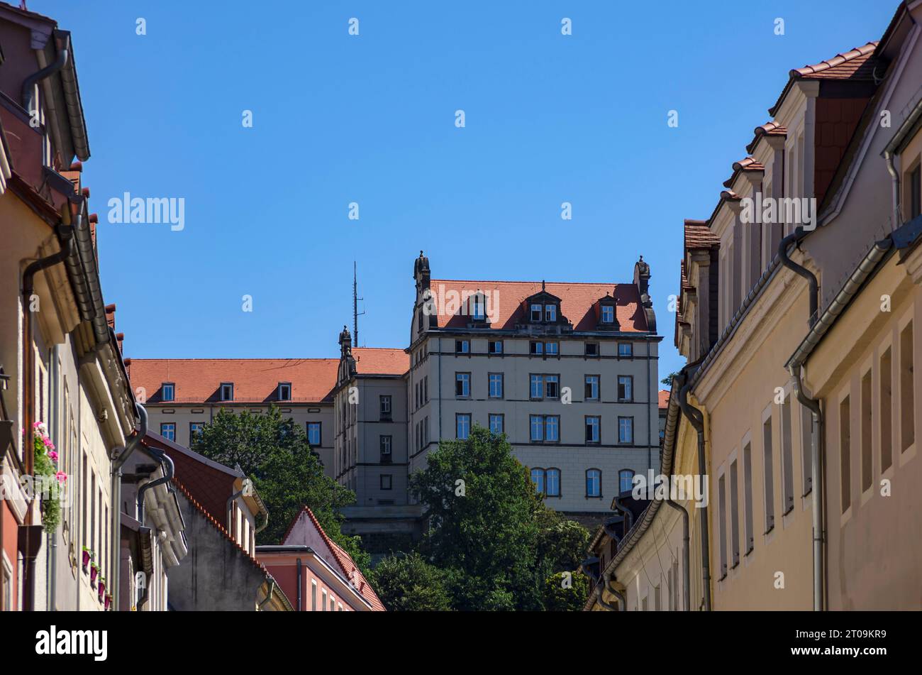 Ammira il centro storico di Sonnenstein Palace, Pirna, la Svizzera sassone, la Sassonia, la Germania. Foto Stock