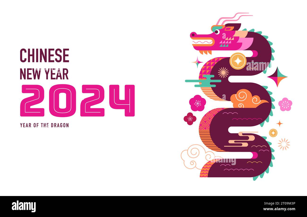 Sfondo Capodanno lunare, banner, Capodanno cinese 2024 , anno del drago. Stile moderno e geometrico Illustrazione Vettoriale