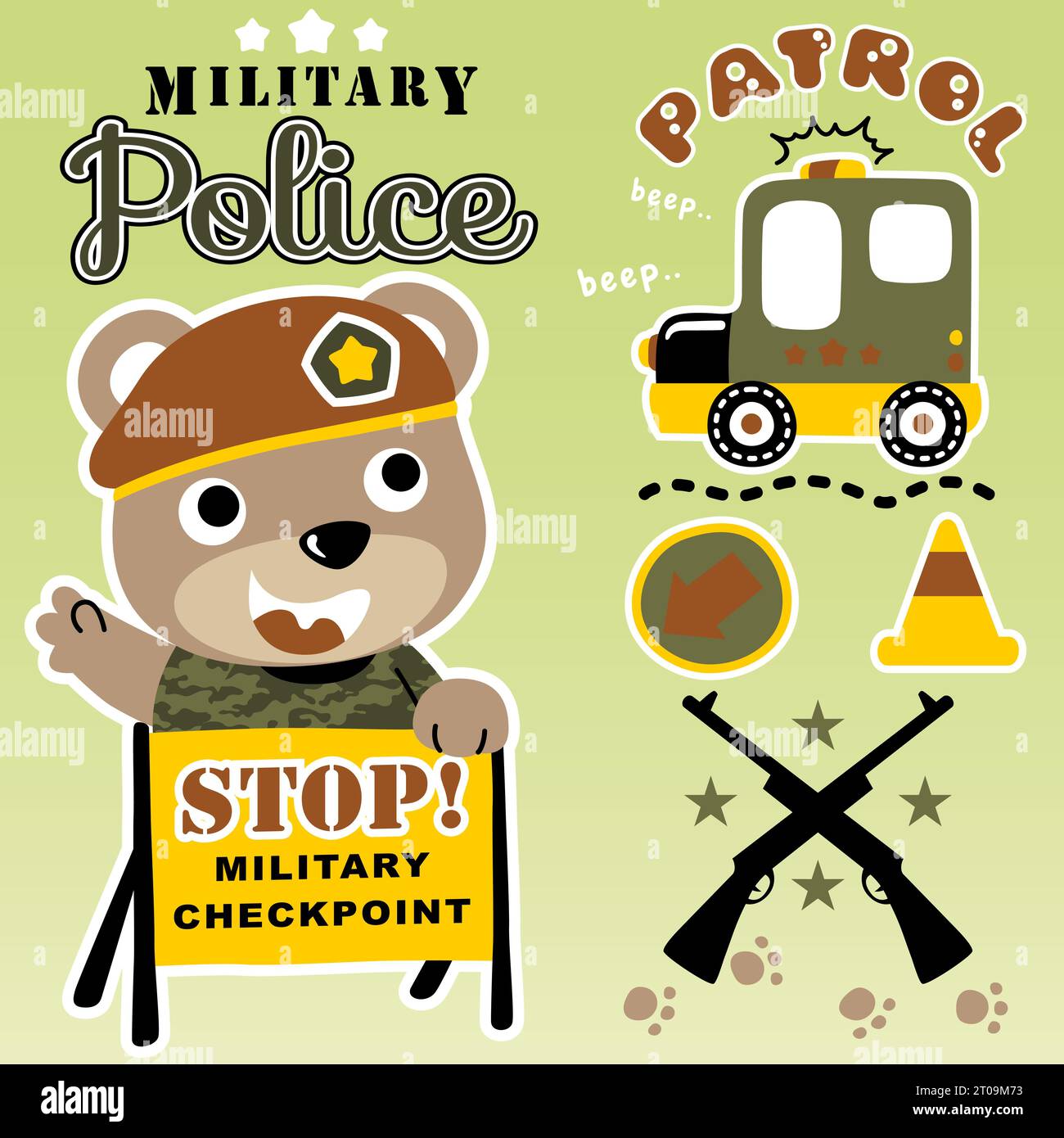 Grazioso orso in costume da soldato con elementi militari e illustrazioni di cartoni animati vettoriali Illustrazione Vettoriale