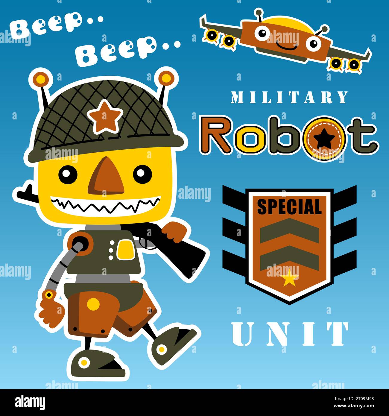 Divertenti truppe robot militari con elementi militari, illustrazioni di cartoni animati vettoriali Illustrazione Vettoriale
