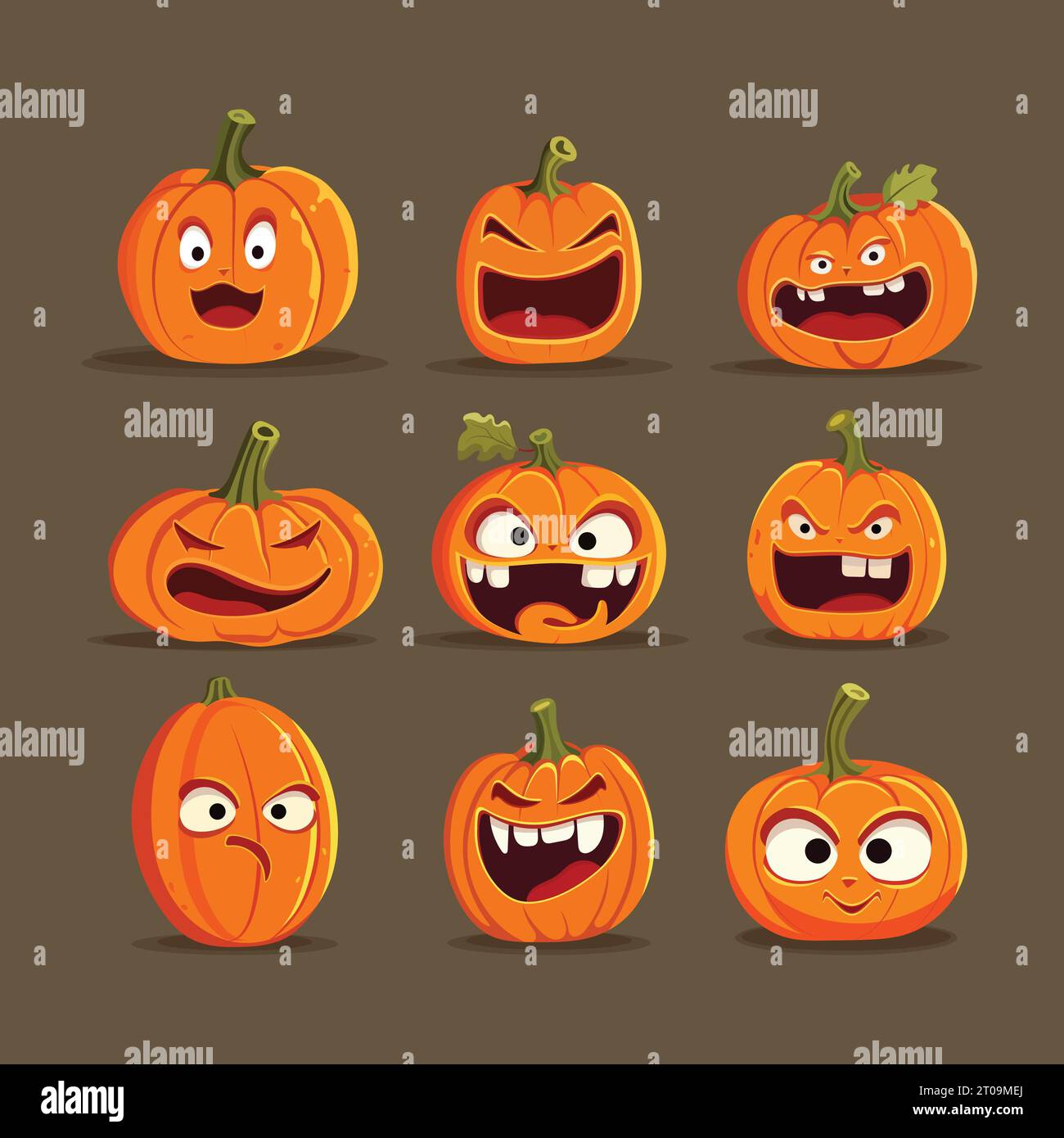 Set di zucche di Halloween con volti sorridenti. Illustrazione vettoriale piatta per poster di design, striscioni, stampa. Illustrazione Vettoriale