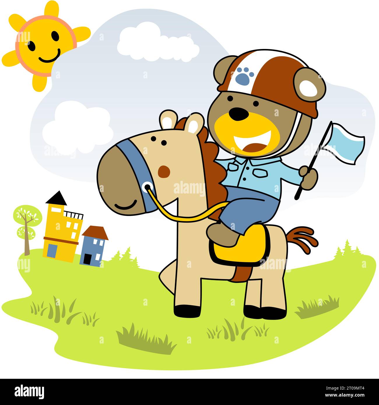 Un piccolo orso che cavalca un divertente cavallo in campo su uno sfondo blu nuvole di cielo con sole sorridente e illustrazione di cartoni animati vettoriali Illustrazione Vettoriale