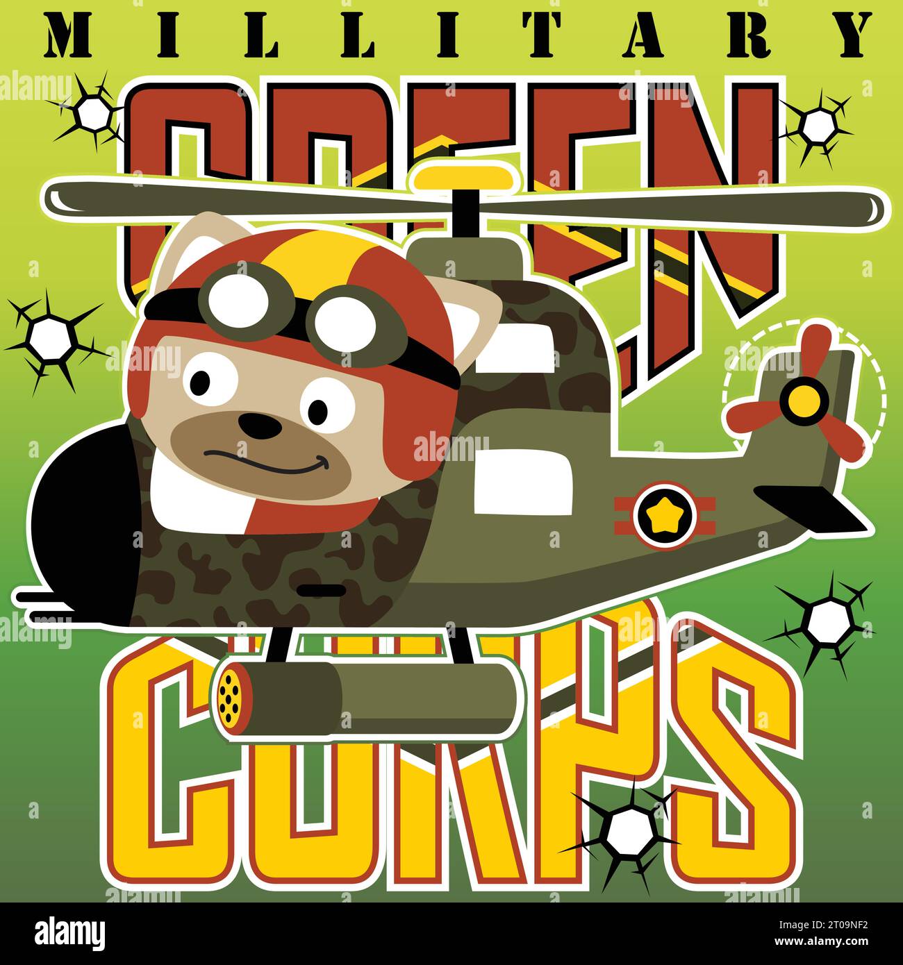 Simpatico gatto su elicottero militare, cartoni animati a tema militare, illustrazione di cartoni animati vettoriali Illustrazione Vettoriale