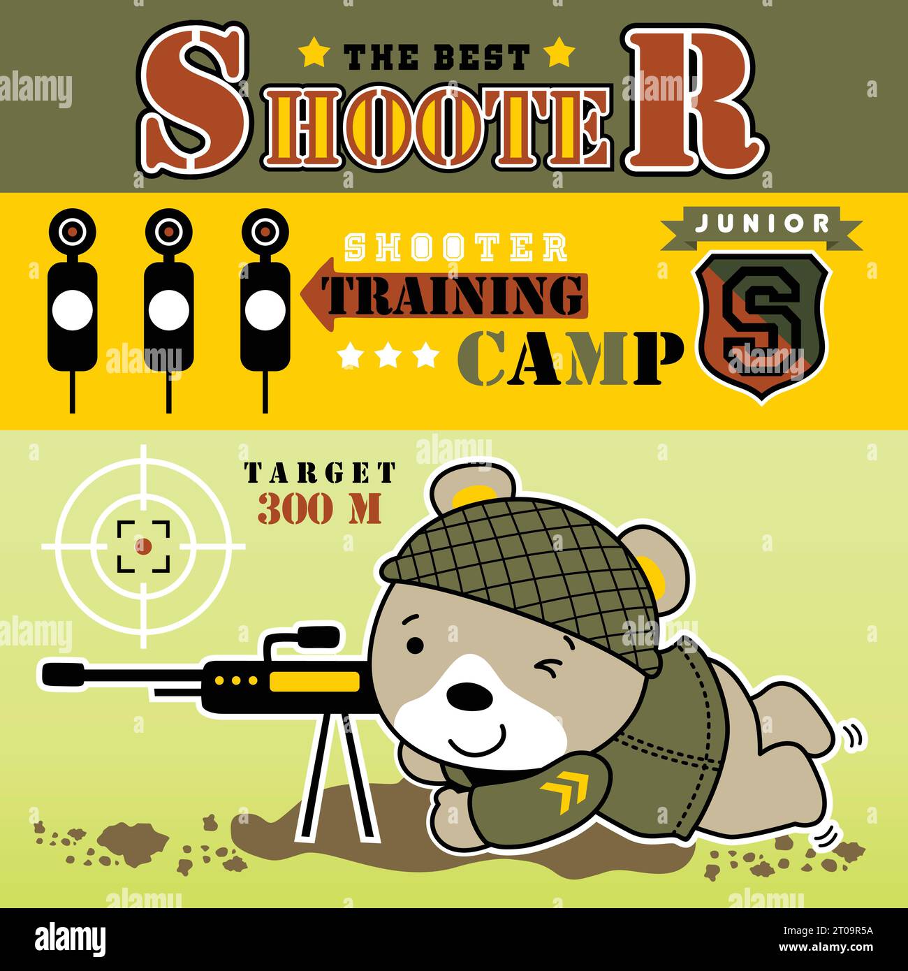 Simpatico orso in uniforme da soldato con pistola, elemento militare e illustrazione di cartoni animati vettoriali Illustrazione Vettoriale
