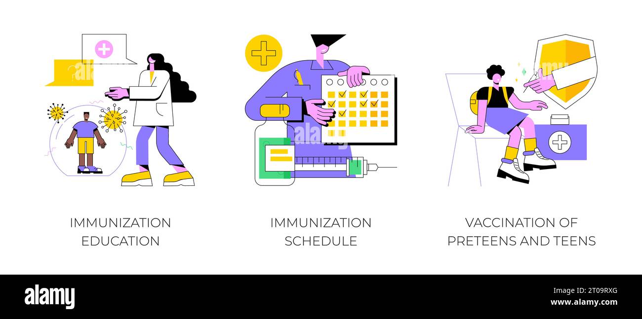 Set di illustrazioni vettoriali di concetto astratto del programma di sanità pubblica. Istruzione e programma di immunizzazione, vaccinazione degli adolescenti, calendario di vaccinazione dei bambini, metafora astratta delle malattie infettive. Illustrazione Vettoriale