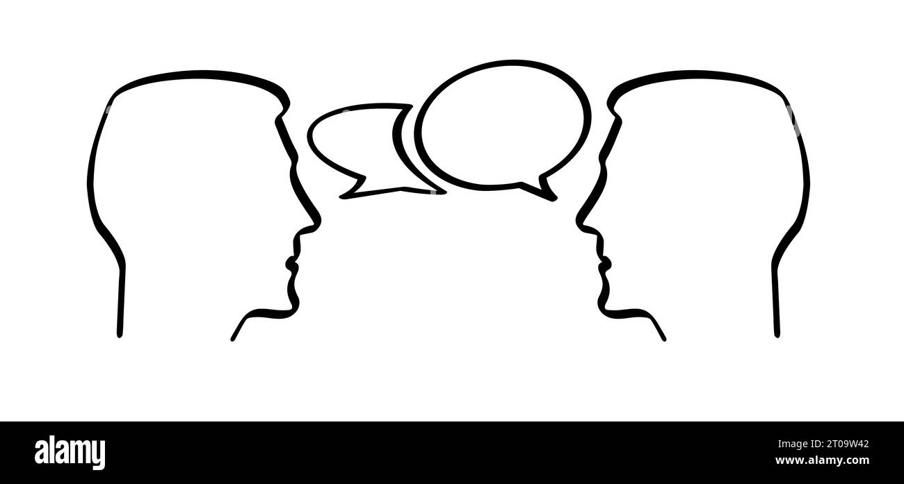 Icona Talk profilo volto cartone animato. Teste silhouette icona conversazione. Head in Profile Speak, pittogramma di comunicazione. Le persone affrontano parlano ico Foto Stock