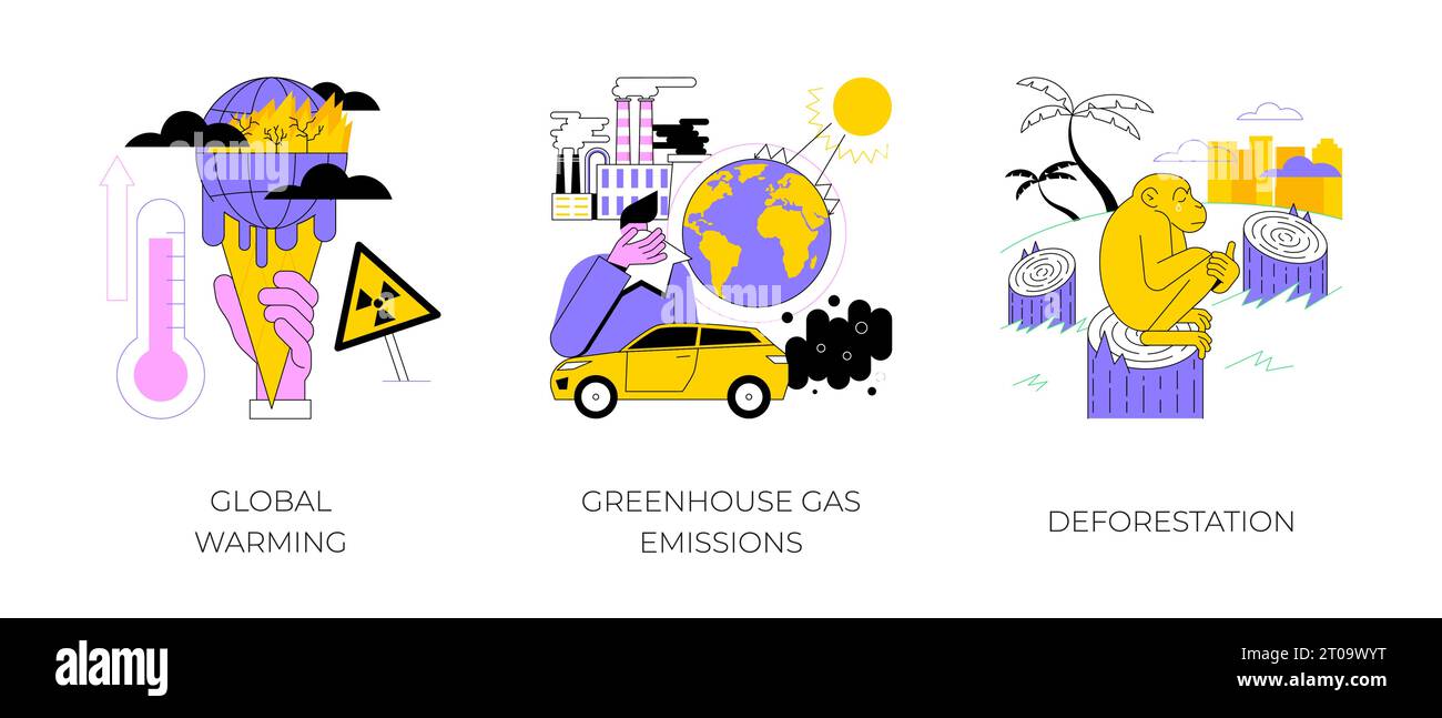 Set di illustrazioni vettoriali di concetto astratto per il cambiamento climatico. Riscaldamento globale, emissioni di gas a effetto serra, deforestazione, riscaldamento globale, inquinamento atmosferico, smog, degradazione della fauna selvatica metafora astratta. Illustrazione Vettoriale