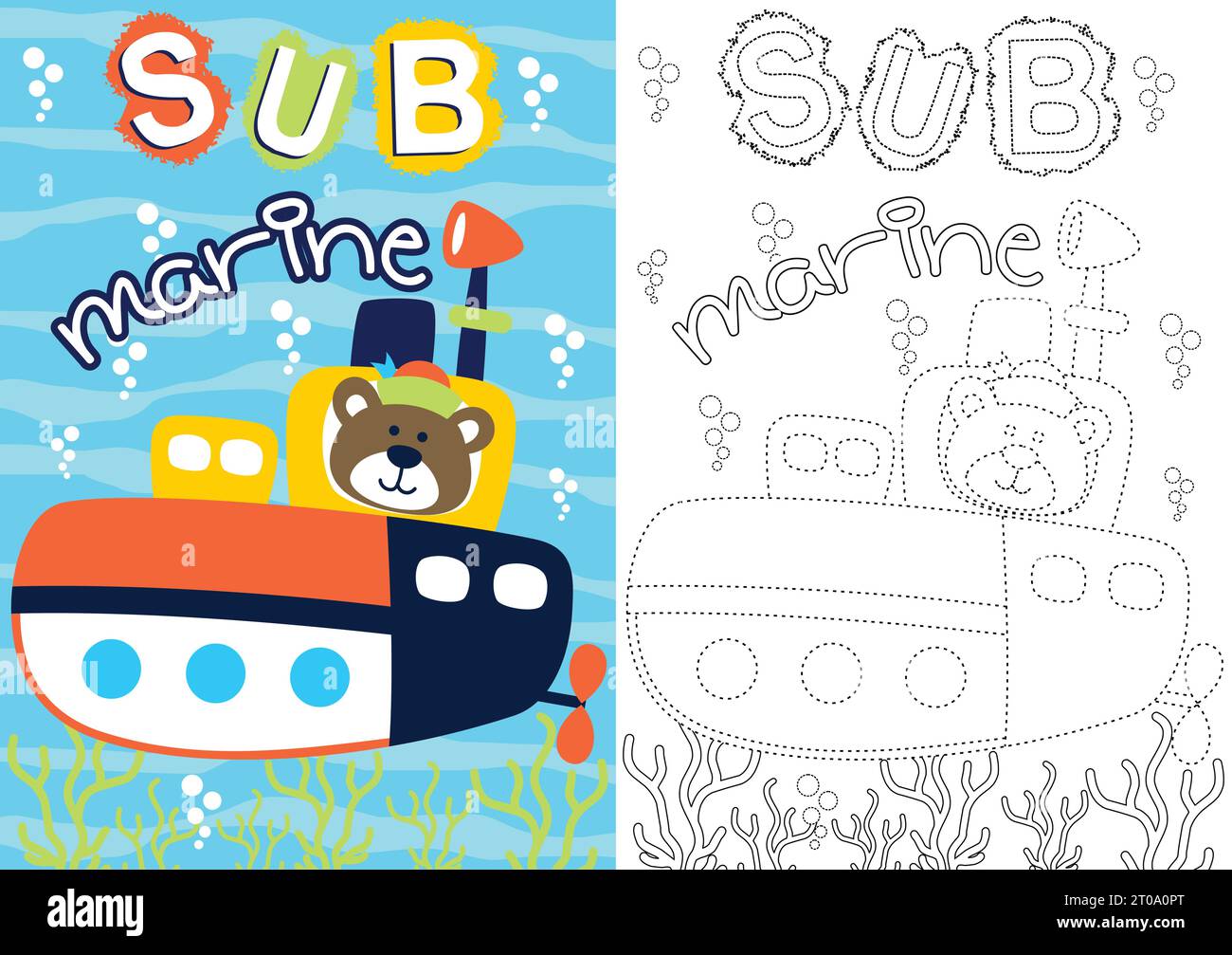 cartoni animati vettoriali di simpatici orsi su sottomarini, libri da colorare o pagine Illustrazione Vettoriale