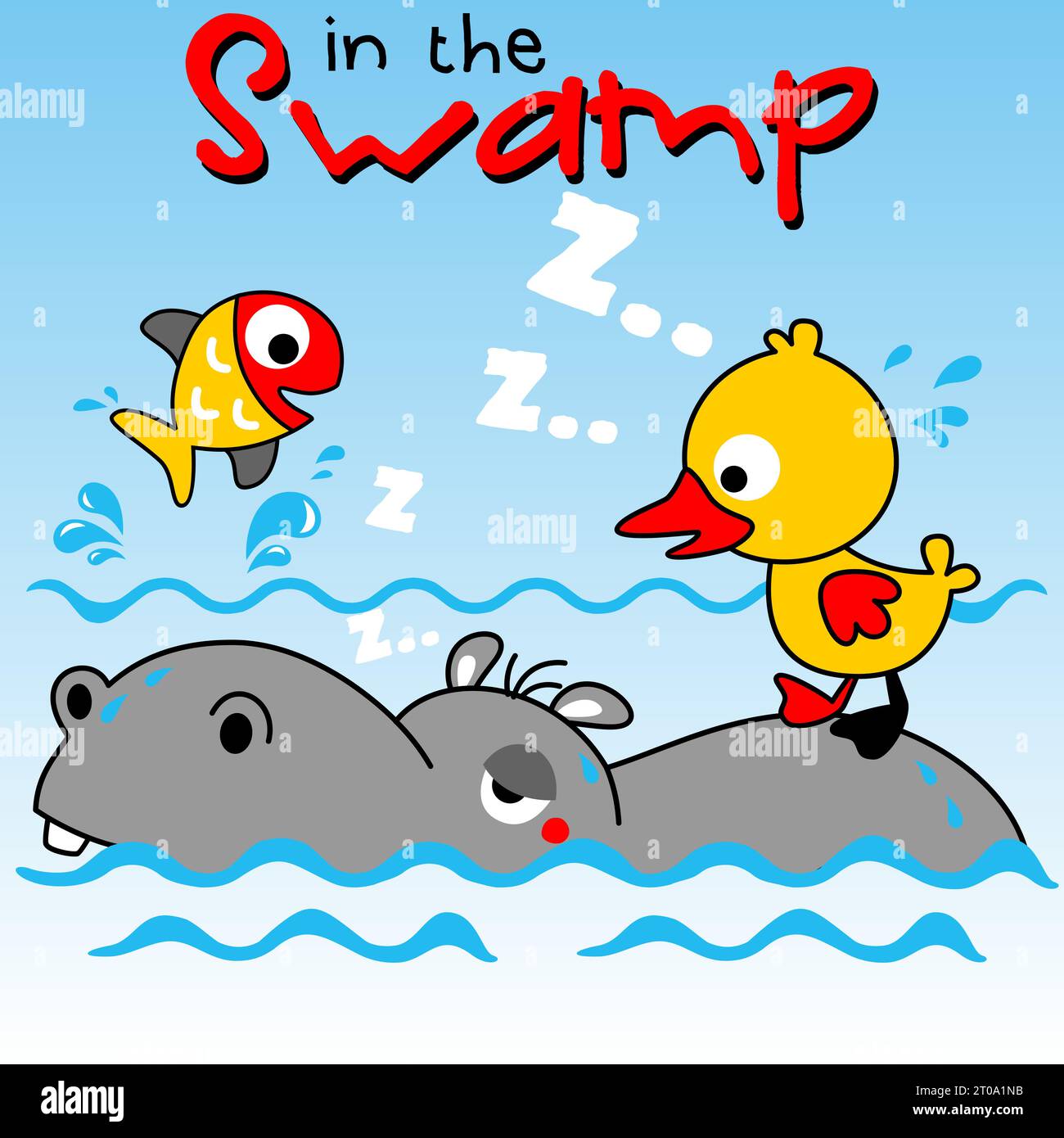cartone animato vettoriale di ippopotamo in acqua con pesci e anatra Illustrazione Vettoriale
