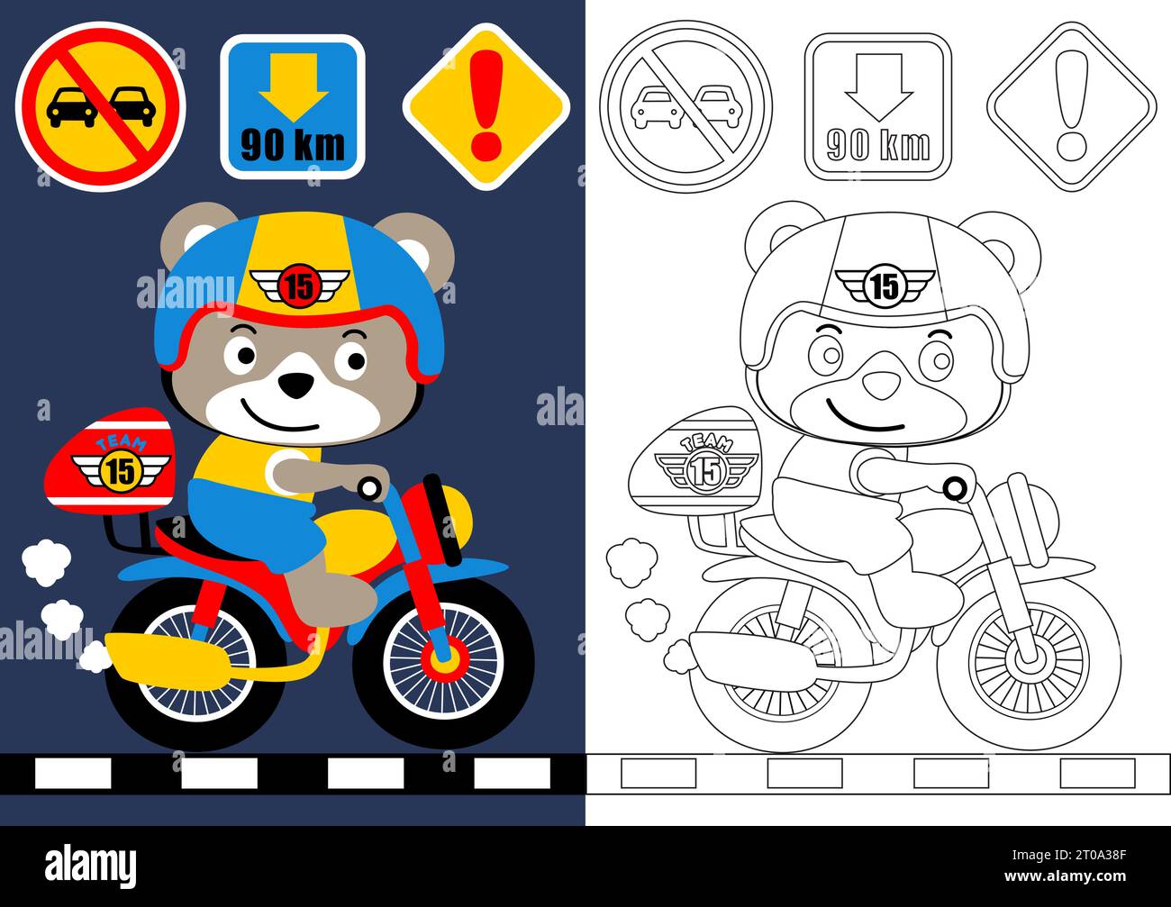 libro o pagina da colorare, simpatico orso su motocicletta con segnaletica stradale, illustrazione di cartoni animati vettoriali Illustrazione Vettoriale