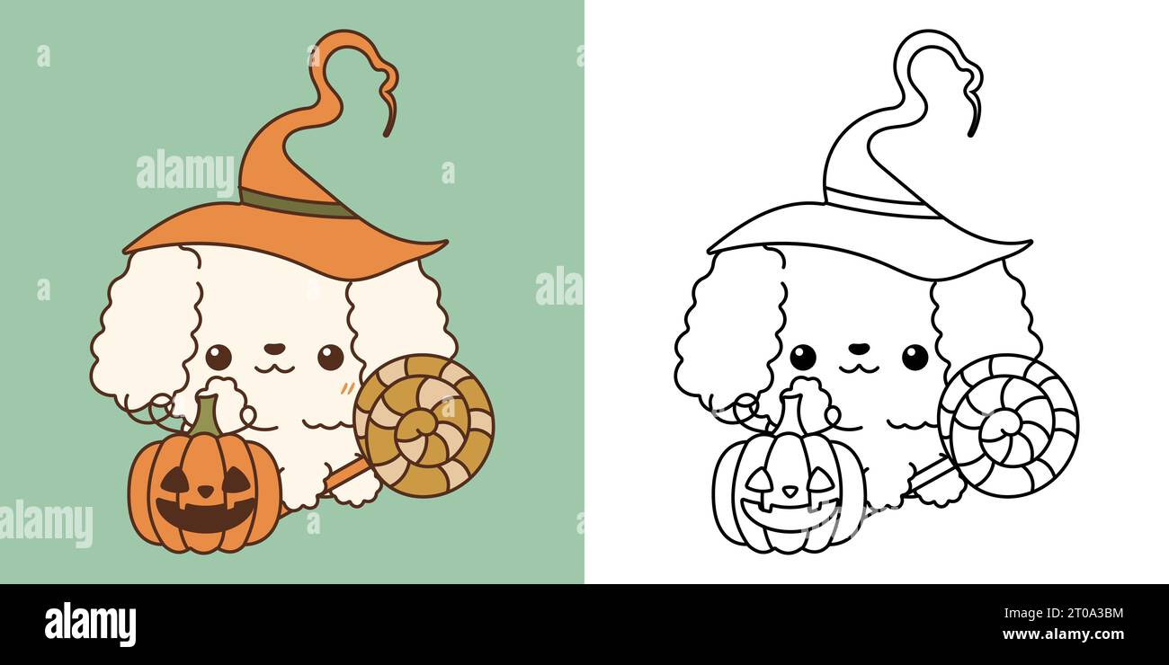 Kawaii Clipart Halloween Poodle Dog Illustration e per colorare pagina. Divertente cucciolo di Halloween Kawaii Illustrazione Vettoriale