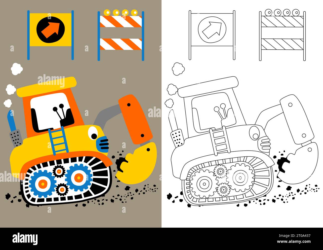 cartone animato vettoriale di divertente scavatrice con insegne di costruzione, libro da colorare o pagina Illustrazione Vettoriale