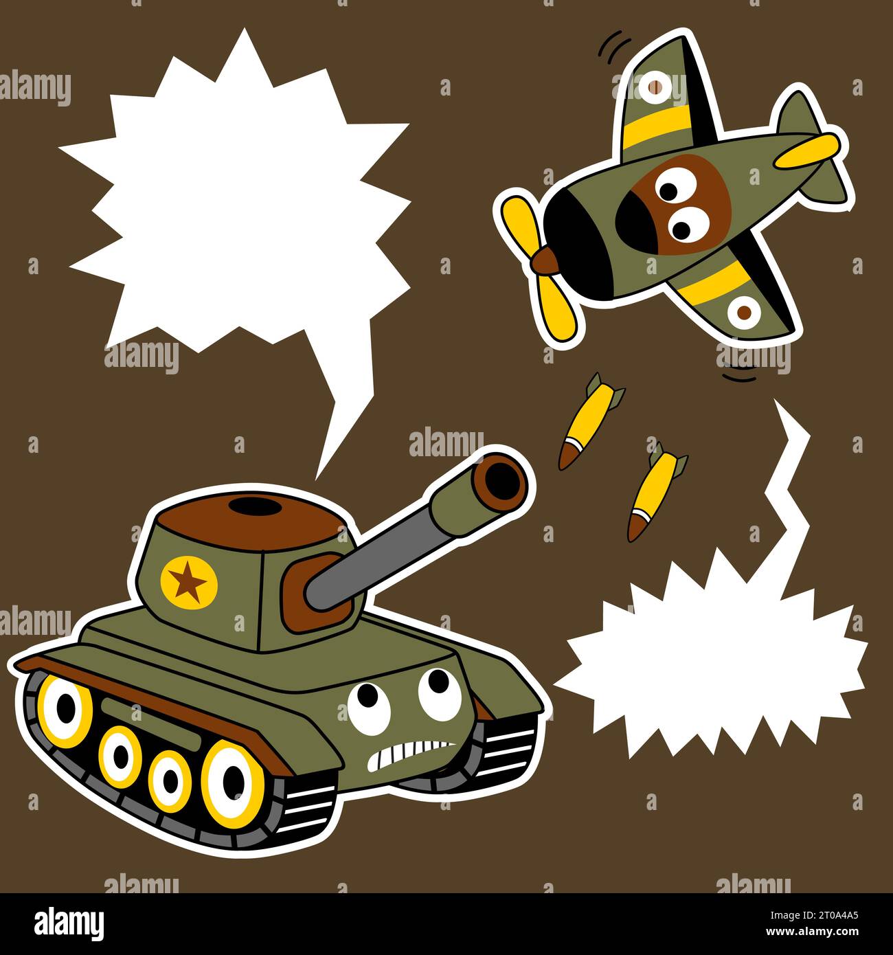 battaglia tra carri armati e jet da combattimento, illustrazione di cartoni animati vettoriali Illustrazione Vettoriale