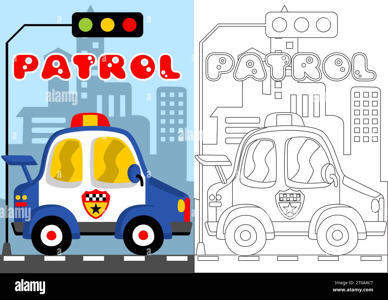 auto della polizia con luce di stop sullo sfondo degli edifici, cartoni animati vettoriali per colorare libri o pagine Illustrazione Vettoriale