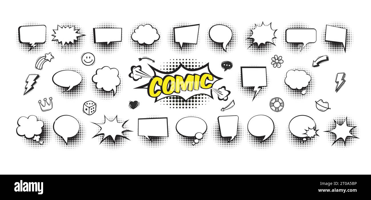Fumetti vuoti in stile fumetto retrò con ombre nere per mezzitoni. Pop art disegnata a mano, nuvole di parole vintage, bolle di pensiero, chiacchierate, vinci Illustrazione Vettoriale