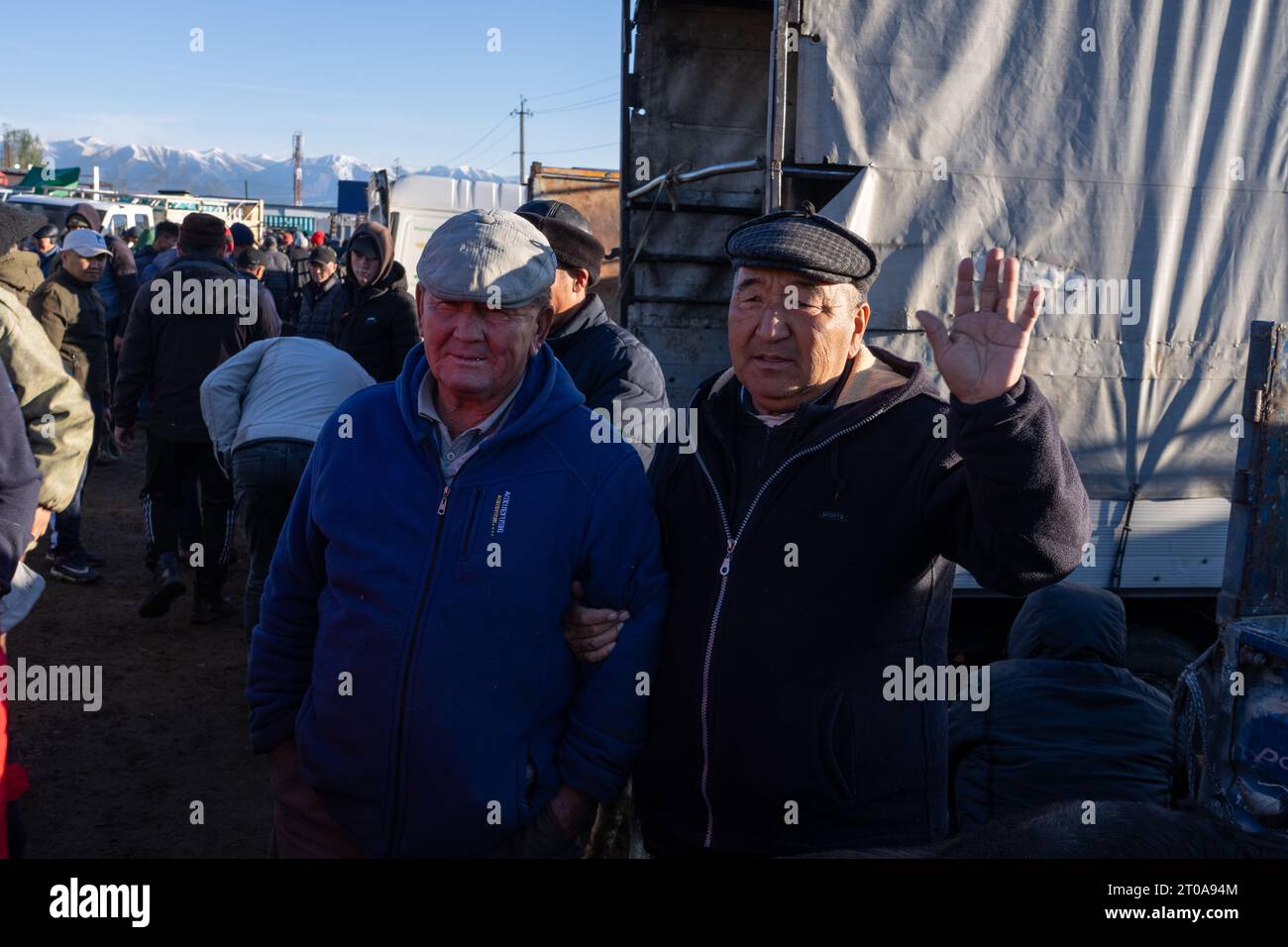 Mercato settimanale degli animali da fattoria a Karakol, Kirghizistan Foto Stock