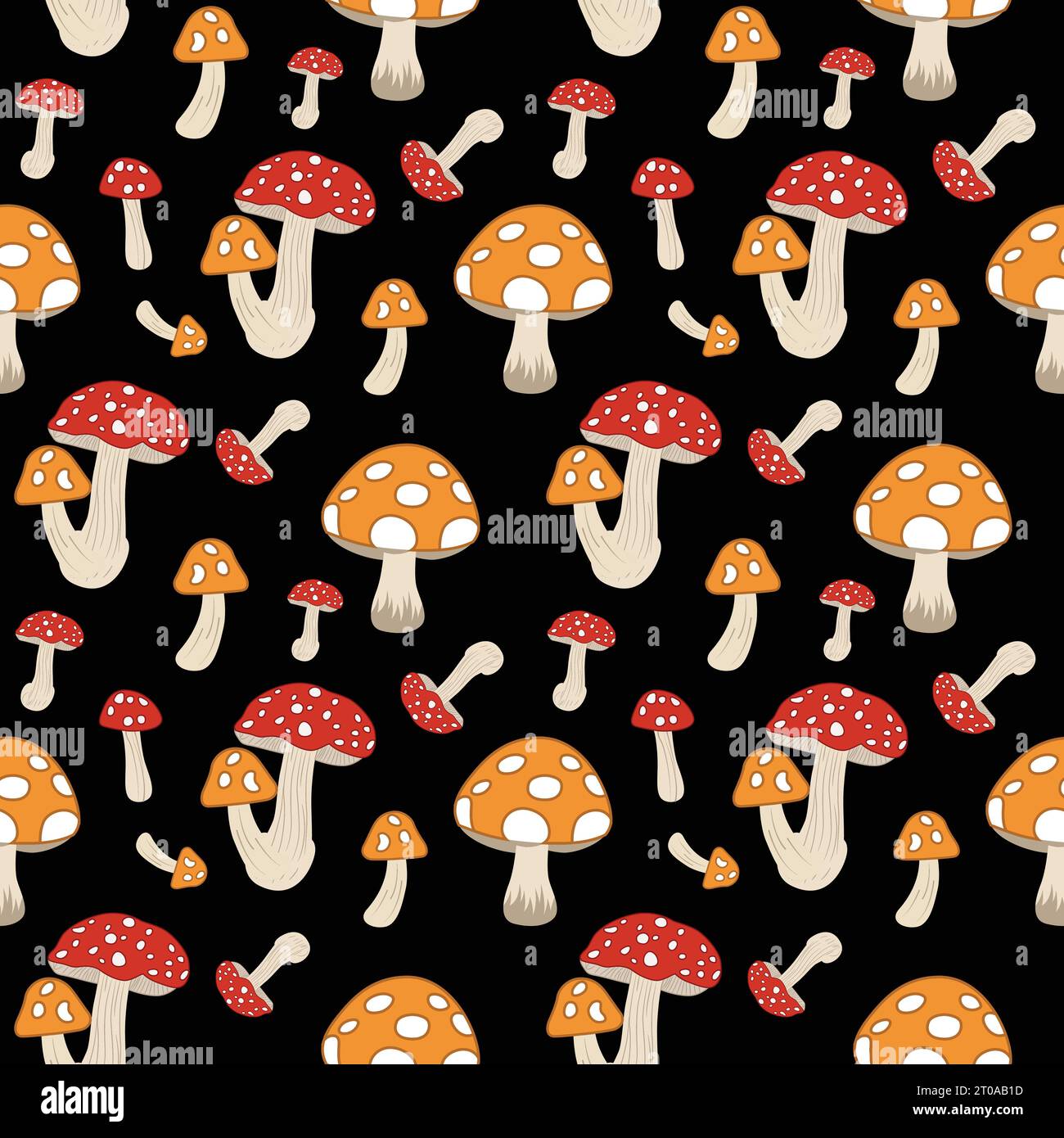 Modello di funghi senza cuciture con molti funghi di colore diverso su sfondo nero Illustrazione Vettoriale