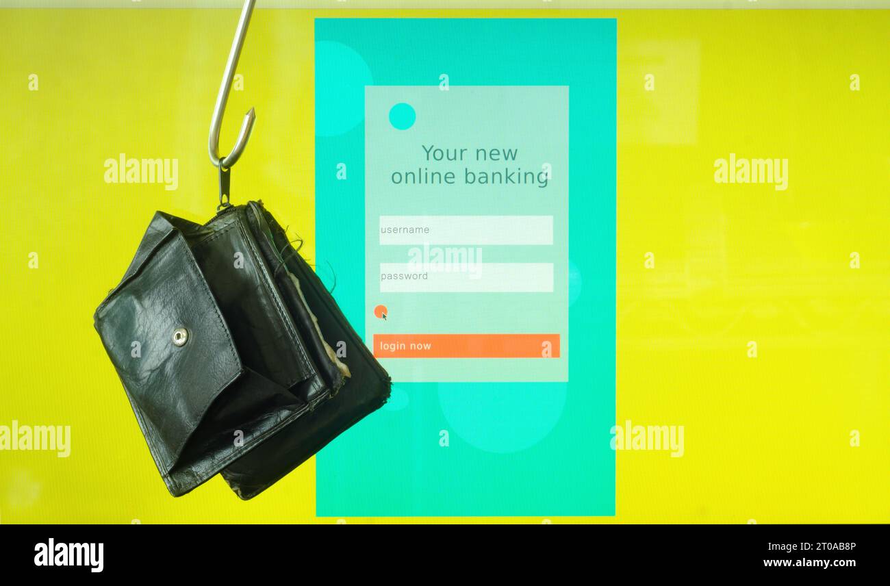 phishing dei dati, big hook e wallet sul display del computer che mostra il sito di phishing online fittizio, cyber crime, concetto di virus informatico, copia gratuita Foto Stock