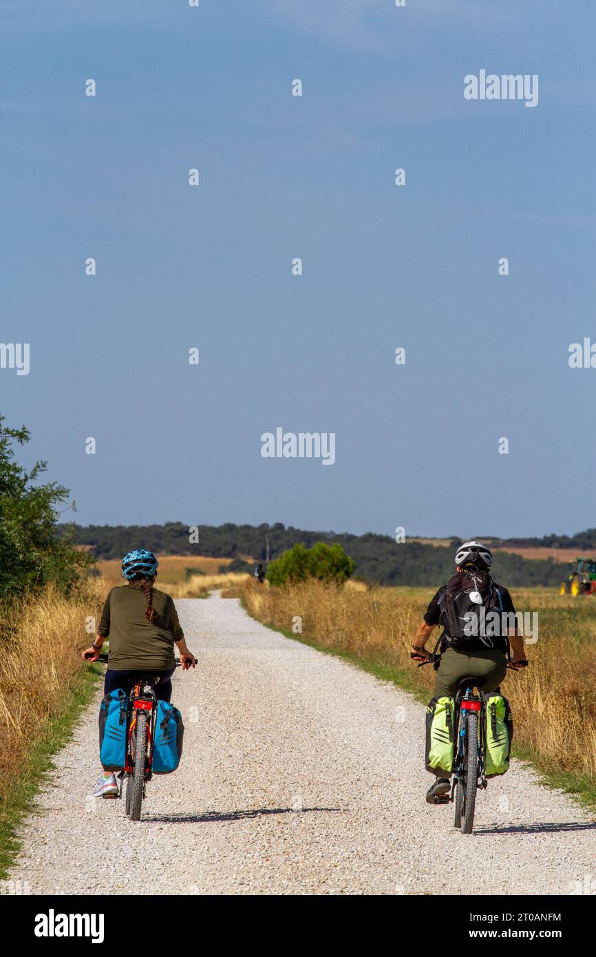 Pellegrini in bicicletta sul Camino de Santiago spagnolo a lunga distanza, il percorso di pellegrinaggio di San Giacomo lungo il tratto conosciuto come la Meseta Foto Stock