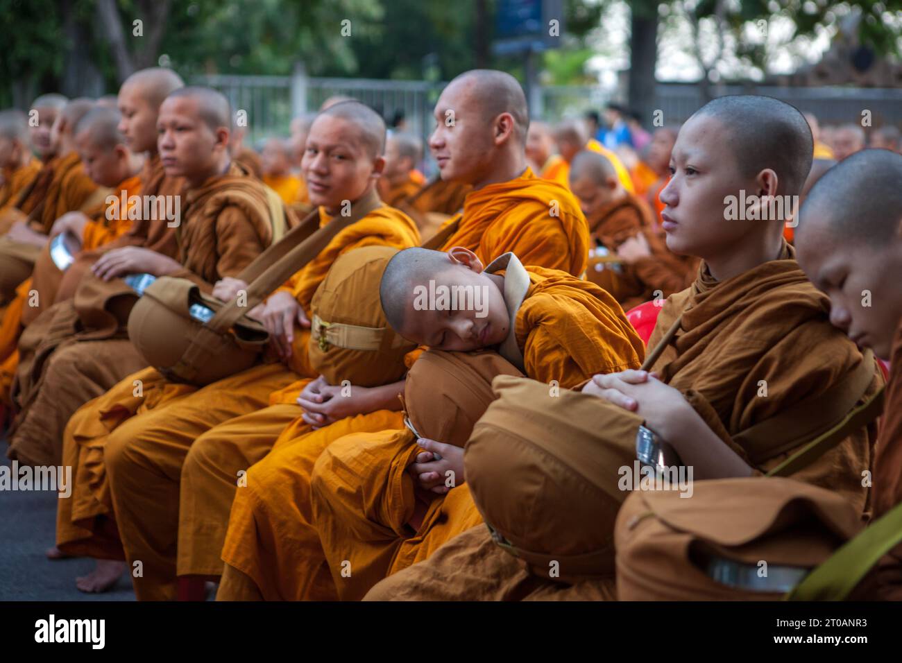 CHIANG mai, THAILANDIA - dicembre 26 2015: Giovane monaco che dorme durante la tradizionale cerimonia di consegna delle elemosine buddiste la mattina presto. Foto Stock