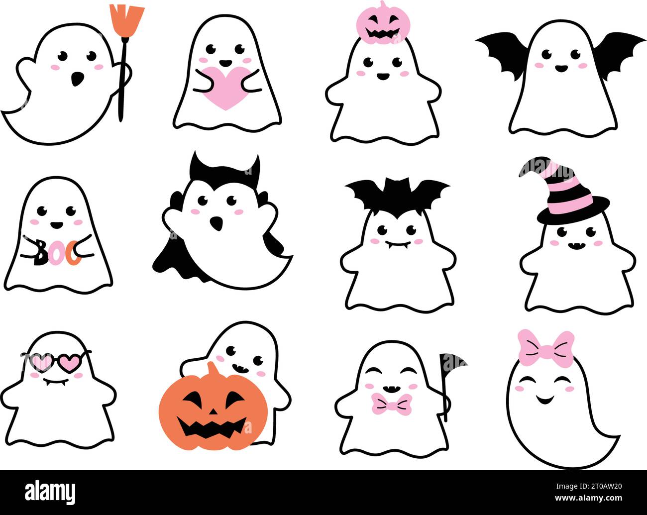 Carini fantasmi divertenti. Pupazzi pupazzi con pipistrello e zucca per bambini. Halloween rosa, illustrazioni vettoriali di fumetti isolati e piatti Illustrazione Vettoriale