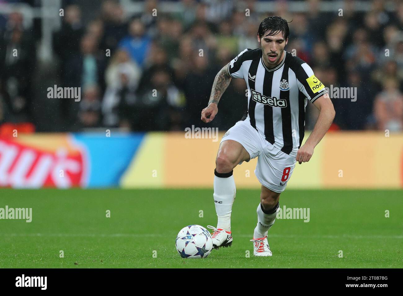 Sandro tonali del Newcastle United durante la partita del gruppo F di UEFA Champions League tra Newcastle United e Paris St Germain a St. James's Park, Newcastle mercoledì 4 ottobre 2023. (Foto: Mark Fletcher | mi News) crediti: MI News & Sport /Alamy Live News Foto Stock