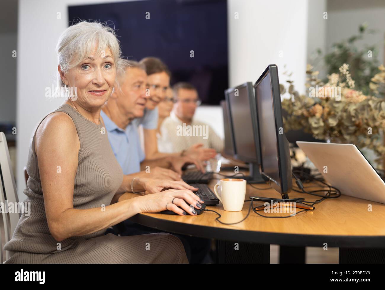 Anziana che impara programmi informatici in sala di formazione Foto Stock