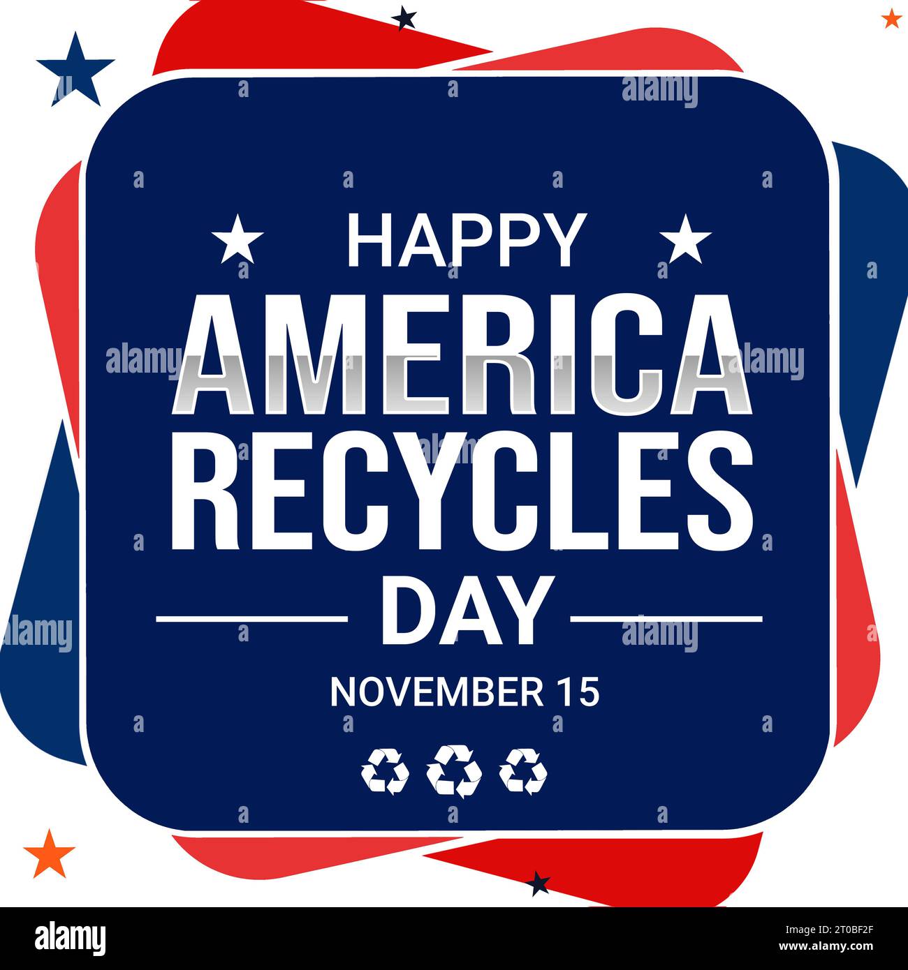 L'America ricicla la carta da parati da giorno in blu patriottico con stelle, forme e testo al centro del design Foto Stock