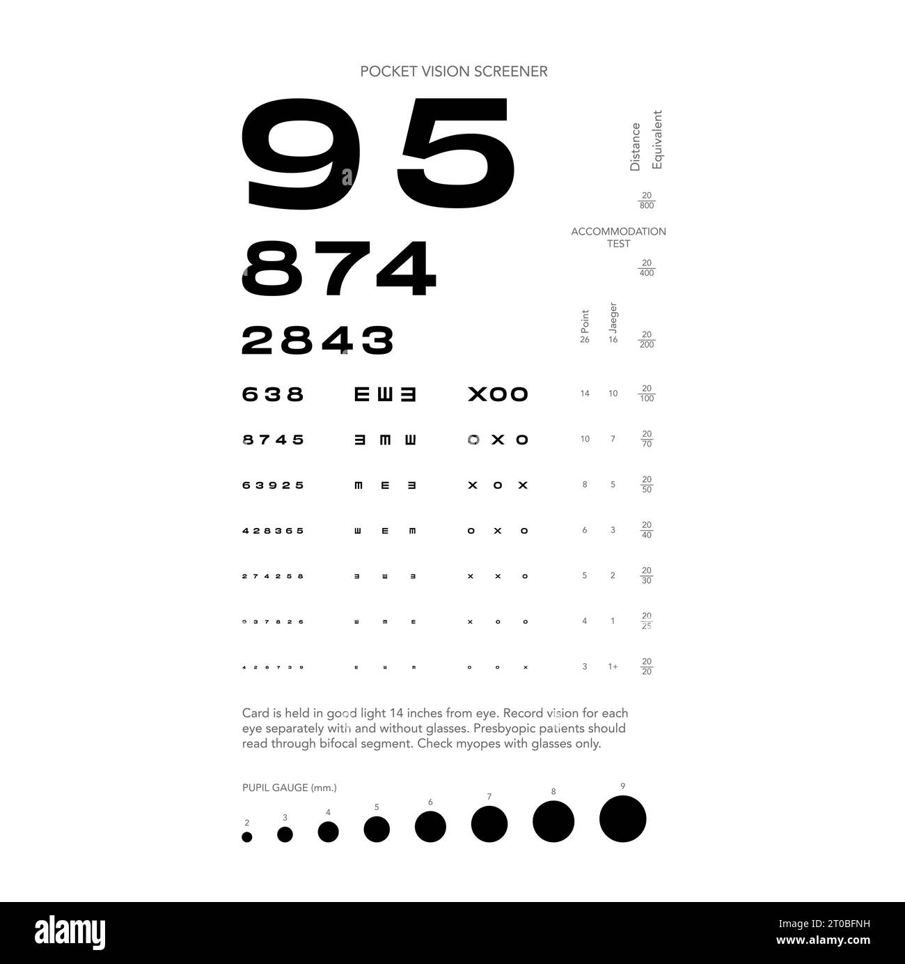 Rosenbaum Pocket Vision Screener Eye test Chart illustrazione medica con numeri. Contorno stile di schizzo vettoriale di linea isolato su sfondo bianco. Pannello ottico oftalmico per esame Illustrazione Vettoriale