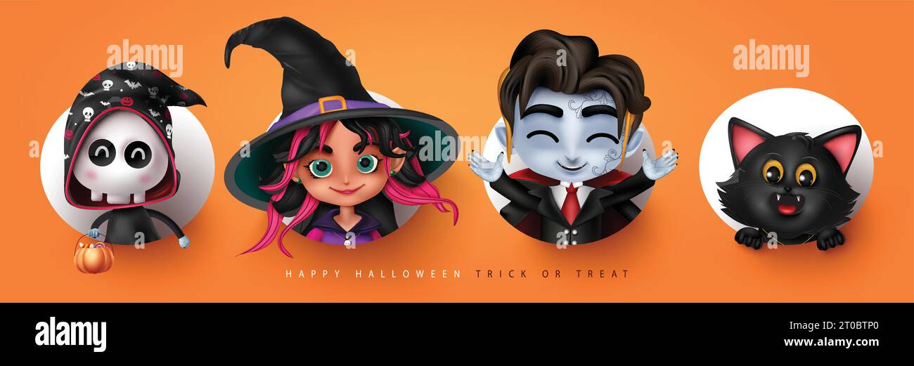 Design del set vettoriale dei personaggi di Halloween. Trick o tratta il personaggio come un pessimo mietitore, una strega, un ragazzo vampiro e una simpatica mascotte e una collezione di costumi. Illustrazione Vettoriale