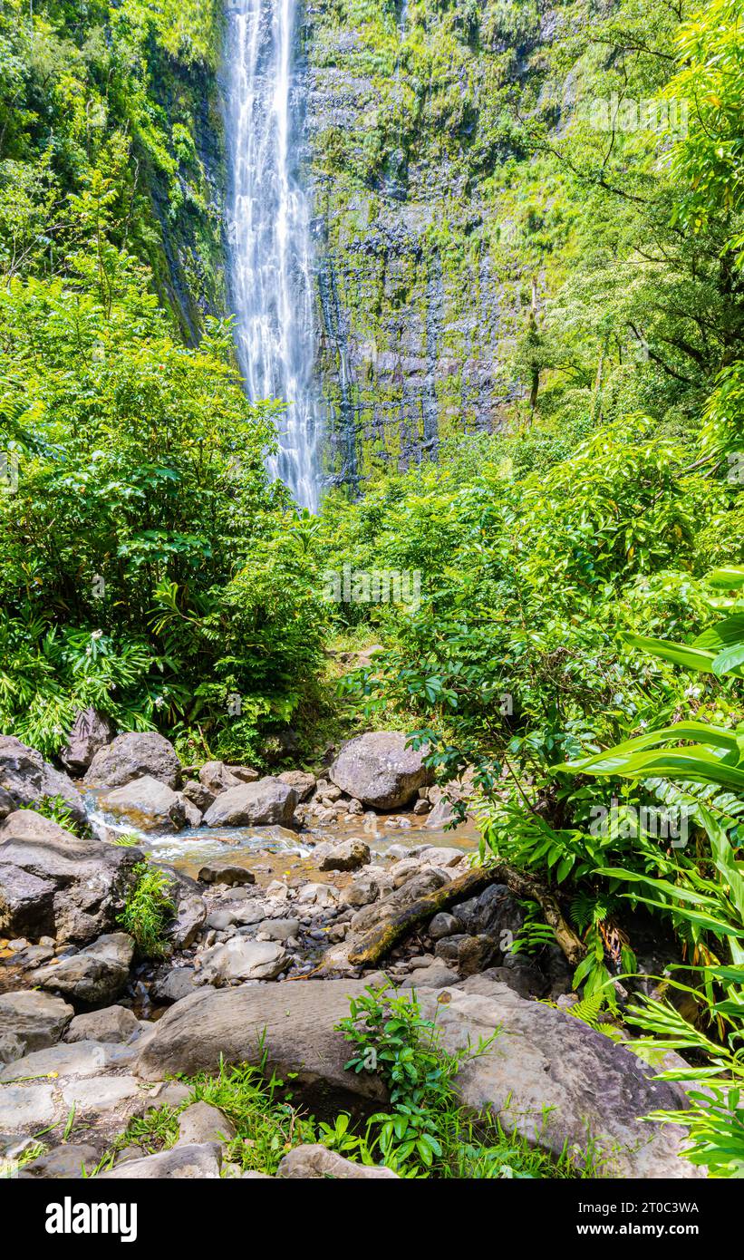 Waimoku Falls sul Pipiwai Trail, Kipahulu District, Haleakala National Park, Maui, Hawaii, USA Foto Stock