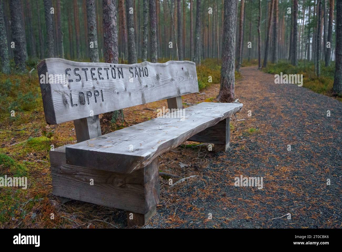 Panchina in legno accanto al sentiero di ghiaia nella riserva naturale di Komio, Loppi, Finlandia. 12 settembre 2023. Foto Stock