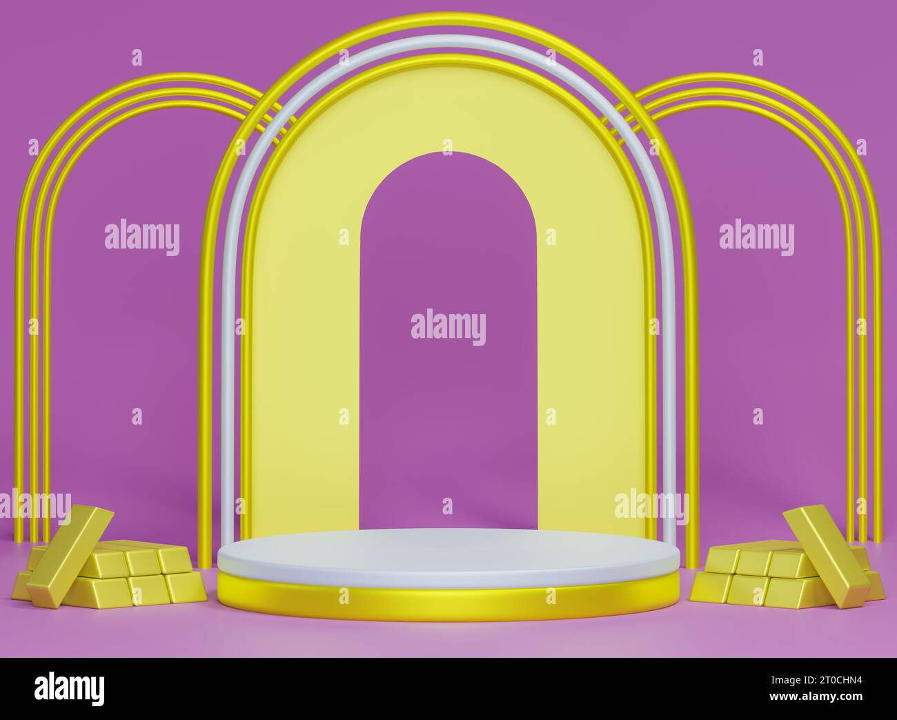 Moderno podio a cilindro bianco e oro 3d.elegante scenografia minimalista per prodotti cosmetici.sfondo viola astratto Foto Stock