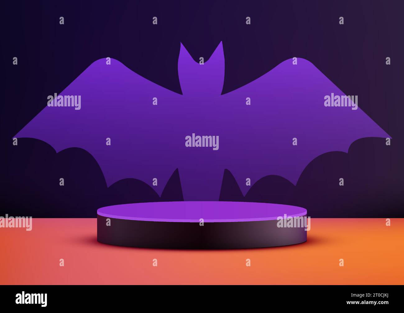 Halloween mostra prodotti a tema arancione e viola decorazione podio 3D con sfondo a forma di pipistrello su sfondo scuro. Halloween Concept, Product dis Illustrazione Vettoriale