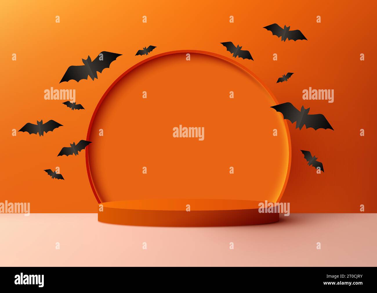 Espositore di prodotti a tema Halloween arancione decorazione a podio arancione 3D con elementi tagliati in carta a forma di cerchio e pipistrello nero su sfondo arancione. Hallo Illustrazione Vettoriale