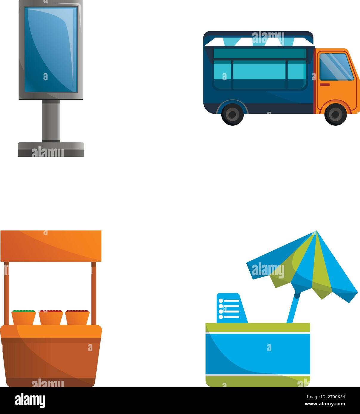 Le icone dei distributori automatici di strada sono un vettoriale di cartoni animati. Stallo stradale e furgone alimentare. Festival del cibo Illustrazione Vettoriale