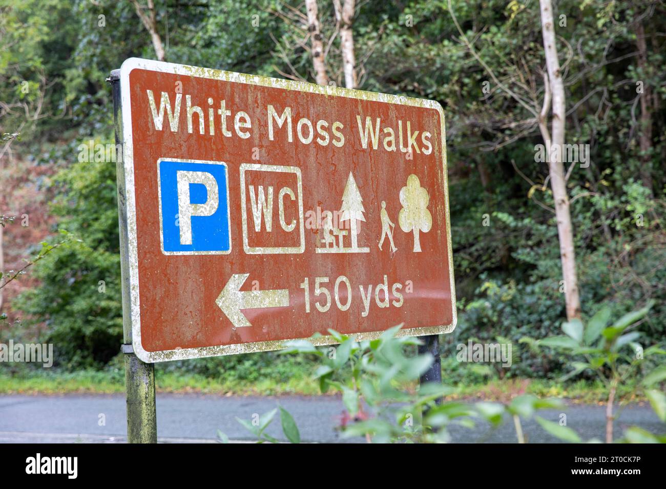 Cartello White Moss Walks and Car Park, Ambleside, Lake District National Park, Cumbria, Inghilterra, Regno Unito Foto Stock