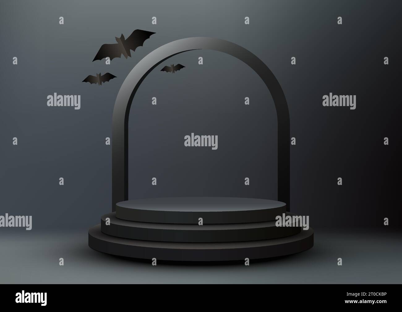 Esposizione del prodotto a tema Halloween decorazione del podio nero 3D con linea arrotondata nera ed elementi tagliati in carta a forma di pipistrello su sfondo scuro. Halloween Illustrazione Vettoriale