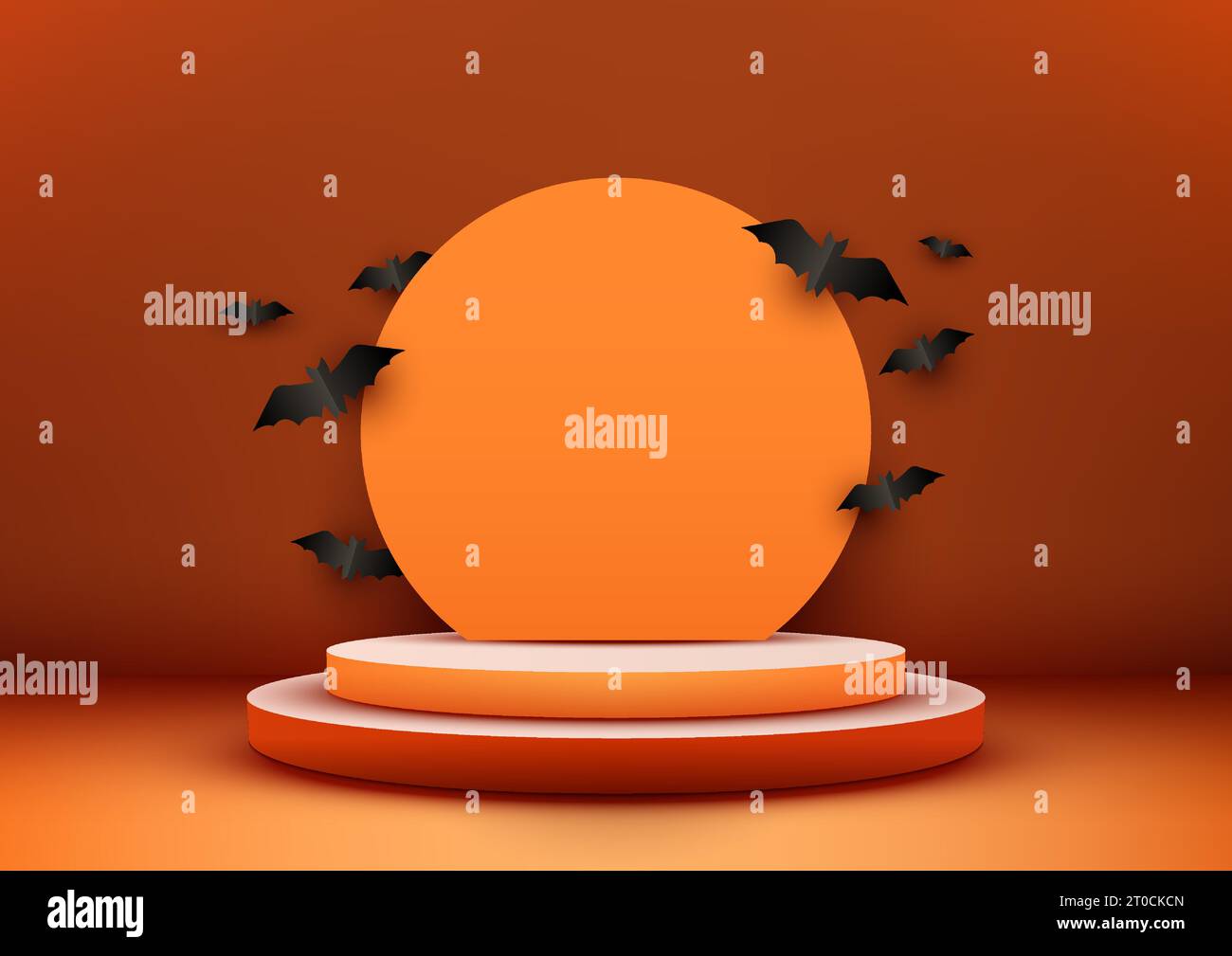 Espositore di prodotti a tema Halloween arancione decorazione a podio arancione 3D con elementi tagliati in carta a forma di cerchio e pipistrello nero su sfondo arancione. Hallo Illustrazione Vettoriale