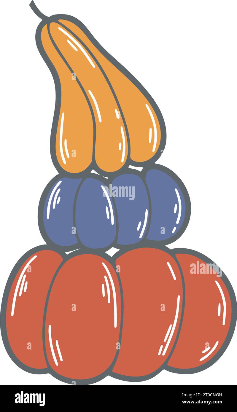 Scarabocchio art con clip di zucca colorata per l'autunno. Semplici verdure autunnali disegnate a mano. Zucca arancione, viola e rossa in pila, illustrazione vettoriale isolata Illustrazione Vettoriale